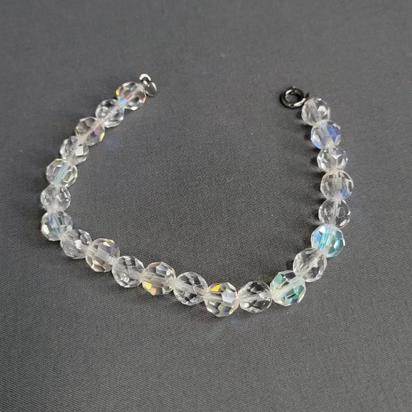 Womens Clear AB Aurora Borealis Beaded Bracelet Spring Ring Size 6 3/4 in - Picture 3 of 5